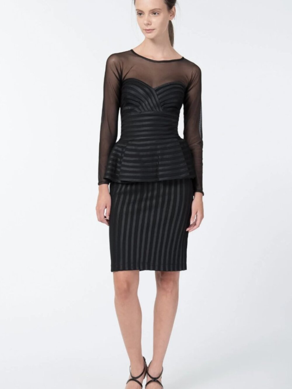 Tadashi Shoji Black Illusion Mesh Sweetheart Peplum Dress, size M
